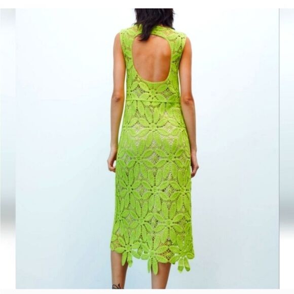 ZARA NWT lime green knit macrame crochet knee midi lined summer dress SIZE M - Picture 2 of 15